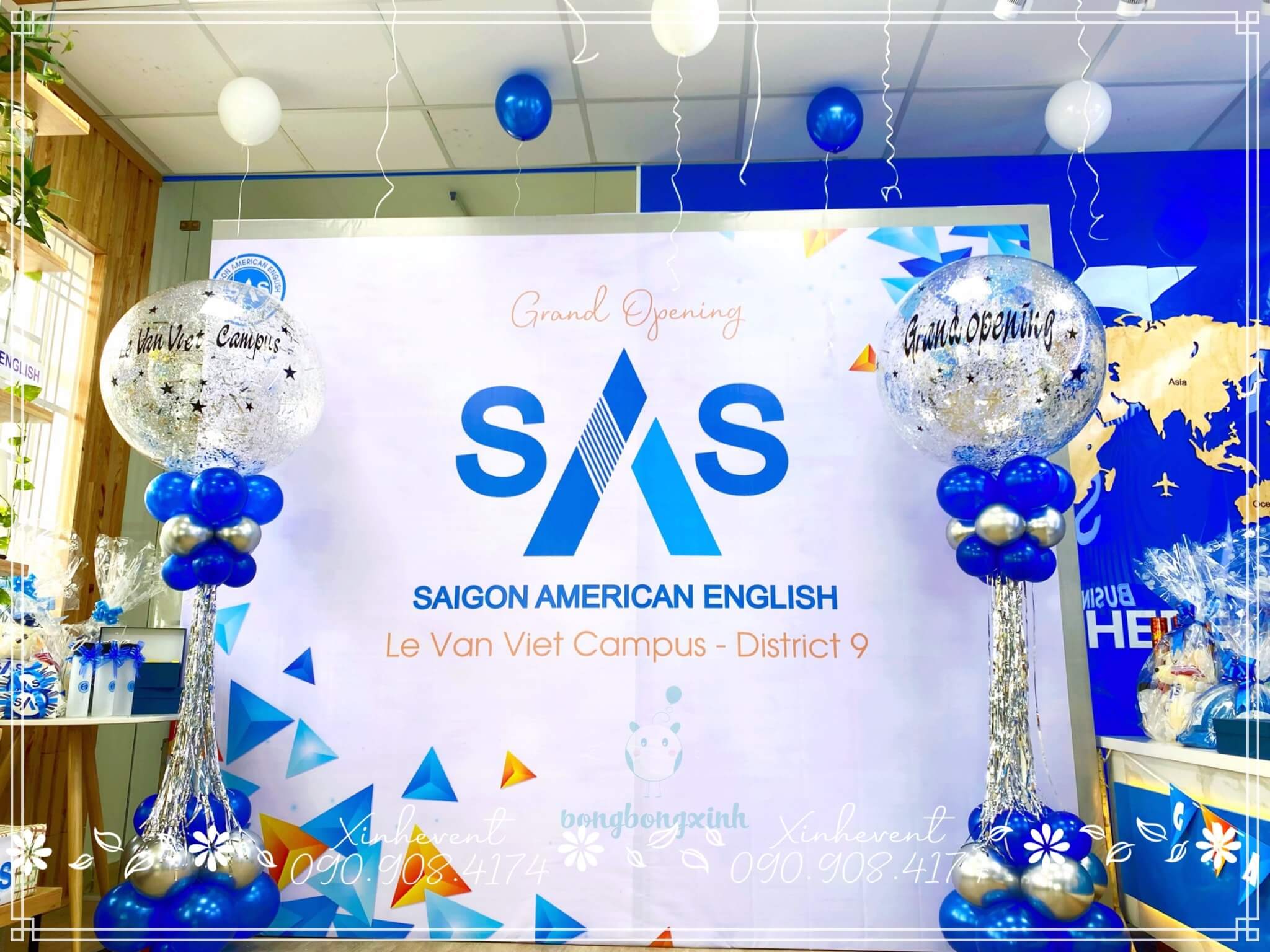 Backdrop trang trí khai trương trung tâm ngoại ngữ thế hệ mới SàiGòn American English (SAS)