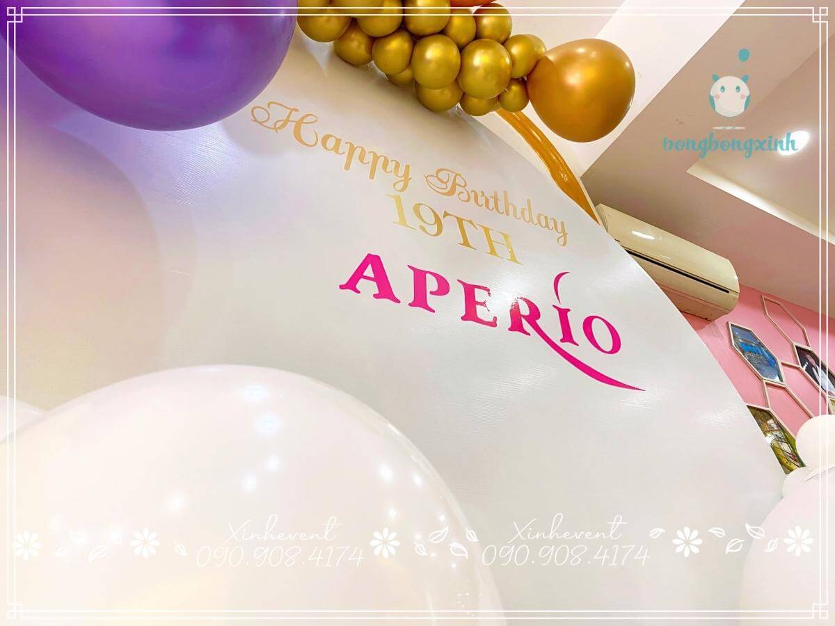 Thiết kế thương hiệu APERIO thật nổi bật trên nền backrop sinh nhật