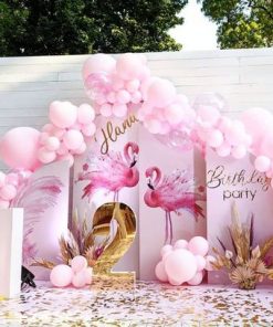Backdrop trang trí sinh nhật màu hồng cho bé gái XV750