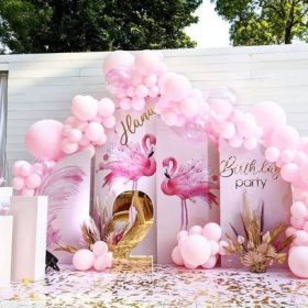 Backdrop trang trí sinh nhật màu hồng cho bé gái XV750